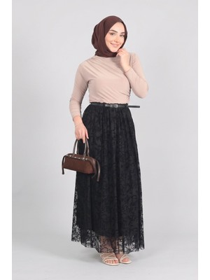 Siyah Norshen Kadın Kemer Detaylı Dantel Desen Etek-Astarlı