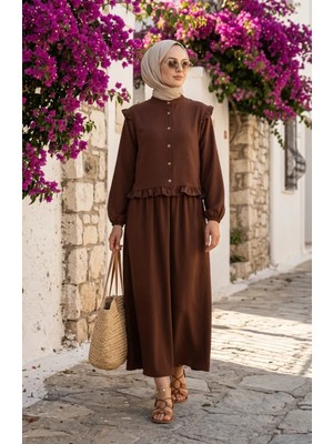 Boydan Düğmeli Fırfırlı Tunik Etek Ikili Takım 0272-06 Kahverengi