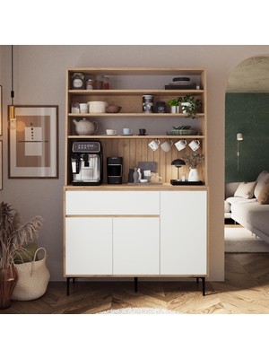 Bimossa Y6110 Alba 120 cm Beyaz-Sepet Ayaklı Kahve Köşesi Çok Amaçlı Kapaklı Raflı Mutfak ve Kiler Dolabı