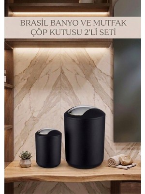 PremiumPort Iki Parça Siyah Çöp Kovası Seti, 6.4 ve 2 Litre, Şık ve Pratik Tasarım