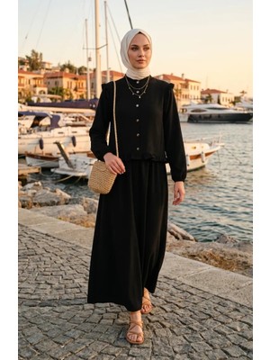 Boydan Düğmeli Fırfırlı Tunik Etek Ikili Takım 0272-02 Siyah