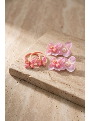 Katia & Bony 4'lü Kelebek Aksesuarlı Çiçekli Koyu Pembe Toka Seti