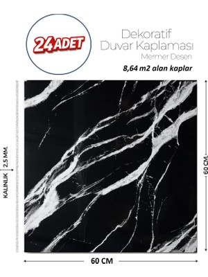 Brano 60X60 cm Kendinden Yapışkanlı Duvar,banyo,tezgah Arası Siyah Mermer-24 Adet