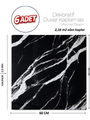 Brano 60X60 cm Kendinden Yapışkanlı Duvar,banyo,tezgah Arası Siyah Mermer-6 Adet