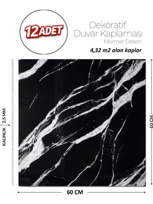 Brano 60X60 cm Kendinden Yapışkanlı Duvar,banyo,tezgah Arası Siyah Mermer-12 Adet