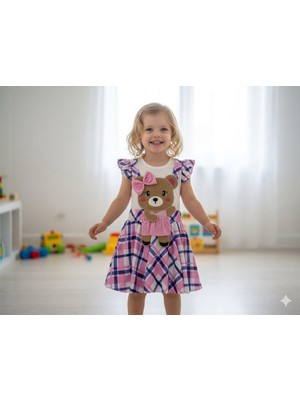 Bubiee Baby Kız Çocuk Pembe Ekose Desenli Ayıcık Nakışlı Jile Elbise Tişörtlü 2'li Takım