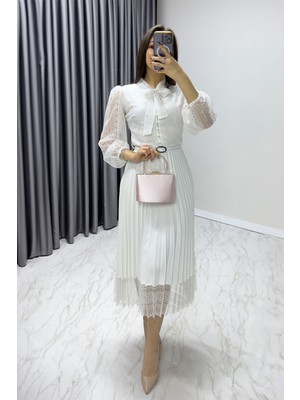 Zks Grup Tekstil-Kadın Boyundan Bağlamalı Fransız Güpür Piliseli Abiye Elbise Siyah, Pembe, Beyaz