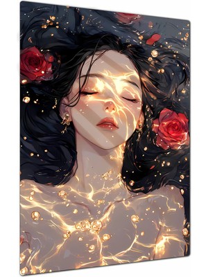 Charmbi Golden Rose Woman Dekoratif Metal Poster Tablo – Canlı Renk Parlak Yüzey Modern Oda Duvar Dekoru