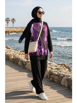 Desenli Tunik Pantolon Ikili Takım 2258-01 Siyah Mor