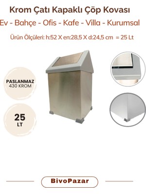 PremiumPort Şık ve Dayanıklı 25 Lt Krom Sallanır Çatı Kapaklı Çöp Kovası