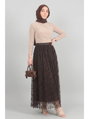 Kahverengi Norshen Kadın Kemer Detaylı Dantel Desen Etek-Astarlı