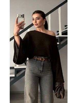 Elisin Acı Kahve Yarasa Kol Kayık Yaka Merserize Bluz