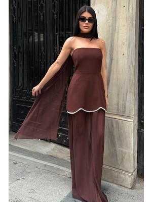 Lafaba Kadın Kahverengi Straplez Şal Yaka Mini Elbise