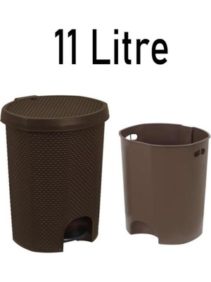 PremiumPort Şık Plastik Örgülü Pedallı Çöp Kovası 11 Litre, Kahverengi