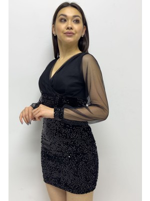 Thezkscom-Kadın Kruvaze Yaka Payet Mini Abiye Elbise Mor, Bordo, Siyah, Saks, Yeşil, Lacivert