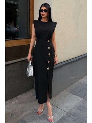 Lafaba Kadın Siyah Aksesuar Detay Yırtmaçlı Midi Davet Elbisesi