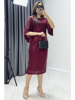 Thezkscom-Kadın Midi Boy Pul Payet Şifon Tasarım Yarım Kol Büyük Beden Abiye