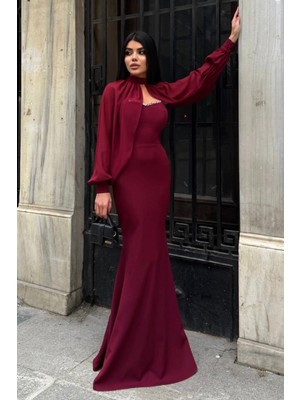 Lafaba Kadın Bordo Straplez Pelerinli Taş Detay Uzun Davet Elbisesi