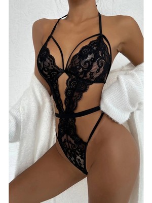 Pileli Store Şık Siyah Dantelli Babydoll Gecelik TM1297