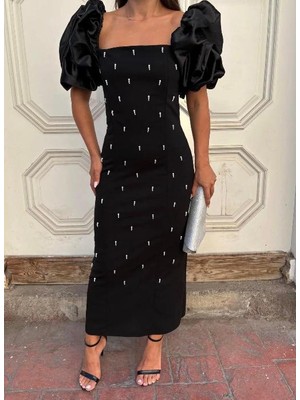 Diloxe Saten Balon Kollu Inci Detaylı Midi Elbise Abiye