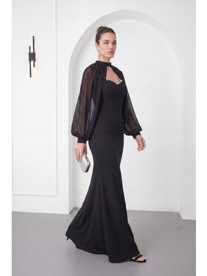 Lafaba Kadın Siyah Straplez Pelerinli Taş Detay Uzun Davet Elbisesi