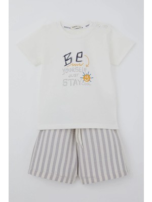 Breeze Erkek Bebek Şortlu Takım Motivasyon Temalı Bağcık Aksesuarlı 9 Ay-3 Yaş, Ekru