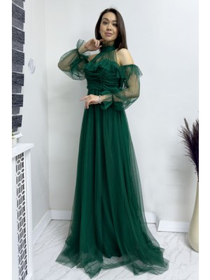 The Zks-Kadın Tül Drapeli Kloş Abiye Bebe Mavi, Siyah, Beyaz, Saks, Yeşil