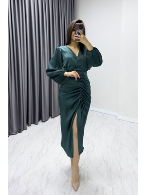 The Zks-Kadın Saten Kruvaze Drapeli Yırtmaç Detaylı Balon Kol Büyük Beden Elbise Siyah, Taba, Yeşil,saks