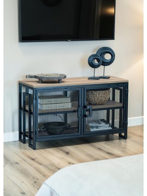 Bye Concept & More Dekoratif Metal Gövdeli Ahşap Raflı Tv Ünitesi 3 Raflı 2 Kapaklı Tv Sehpası 90 x 30 cm Televizyon Ünitesi
