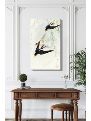 Şehber Dikey Kanvas Duvar Tablosu Tekli Salon Mutfak Yatak Odası Ofis Ohara Koson Three Birds In Full Flight