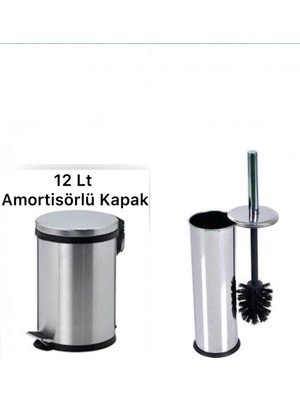 PremiumPort 12 Litre Paslanmaz Çift Banyo Seti, Pedallı Çöp Kovası ve Fırça