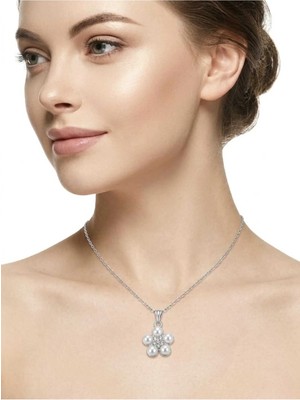 Sevmine Gümüş Kaplama Zirkon Taşlı Inci Çiçek Kolye - Beş Yapraklı Zarif Tasarım