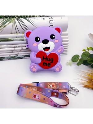 Mor Kız Çocuk Ayıcık Figürlü Silikon Mini Çapraz Çanta Hug Me Baskılı Renkli Askılı Omuz Çantası