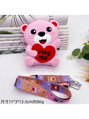 Pembe Kız Çocuk Ayıcık Figürlü Silikon Mini Çapraz Çanta Hug Me Baskılı Renkli Askılı Omuz Çantası