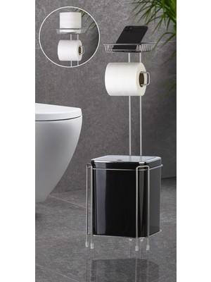 PremiumPort Krom Yedekli Tuvalet Kağıtlık ve Siyah Çöp Kovası Takımı