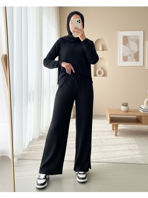 Moda Morfo Bağcık Detaylı Salaş Fitilli Pantolon -Siyah