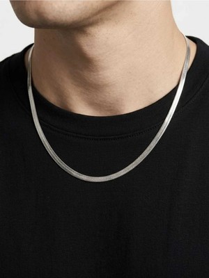 Sevmine Gümüş Renk Italyan Ezme Zincir Erkek Kolye - 5mm Herringbone Çelik Kolye
