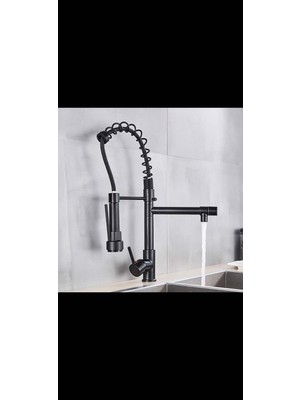 Flora Yapı Endüstriyel Siyah Mutfak Bataryası Çekilebilir Çift Musluklu