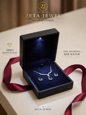 Zeta Jewel 925 Ayar Gümüş Zümrüt Taşlı Kolye Küpe Seti – Işıklı Hediye Kutulu, Şık ve Zarif Takı Seti, Sevgiliye Hediye