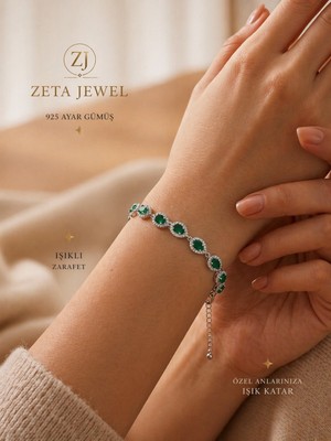 Zeta Jewel 925 Ayar Gümüş Zümrüt Taşlı Bileklik Su Damlası Model Zarif Şık Tasarım