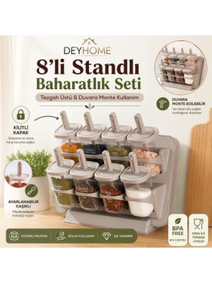 Deyhome Stantlı   Tezgah Üstü Kapaklı Kaşıklı 8’li Baharat Takımı – Yapışkanlı Duvara Monte Edilebilir Tasarım