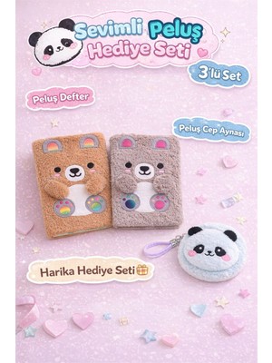 Tekno Hediye Sevimli Peluş Defter ve Panda Anahtarlıklı Cep Aynası Seti Yumuşak Tasarım Hediye Seti