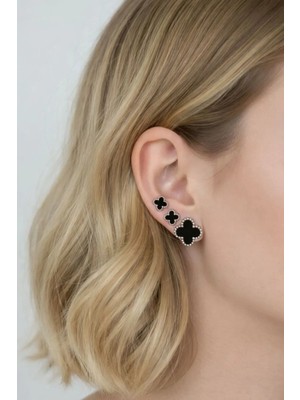 Nati Co Minimal Siyah Yonca Figürlü Çoklu Kadın Küpe (3 Çift)