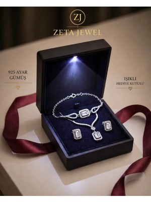 Zeta Jewel 925 Ayar Gümüş Tek Baget Taşlı Üçlü Set ( Kolye Küpe Bileklik ) Hediye Kutulu