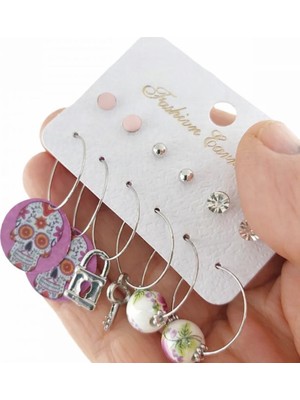 İnci Yolu Bijuteri Kadın 12'li Kuru Kafa Kombin Halka Küpe