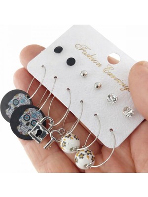 İnci Yolu Bijuteri Kadın 12'li Kuru Kafa Kombin Halka Küpe