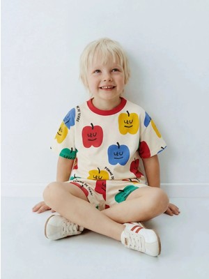 Magu Çocuk Pamuklu Elma Desenli T-Shirt Şort Takım