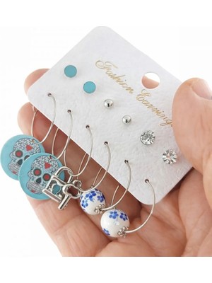 İnci Yolu Bijuteri Kadın 12'li Kuru Kafa Kombin Halka Küpe