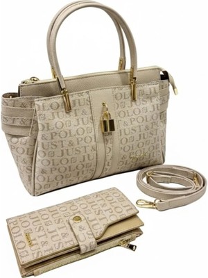 Just Polo Kadın Lüks El & Omuz Çantası Gold Detaylı Özel Tasarım Çanta ve Uyumlu Cüzdan 22X28 cm
