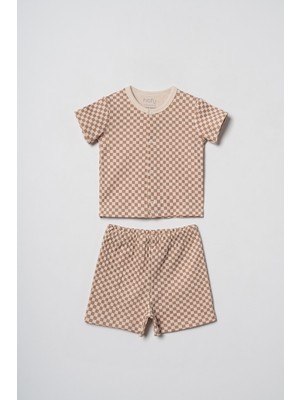 Hafy Baby Kahverengi Dama Desenli,  Erkek Bebek, Yazlık Gömlek Şort Takımı